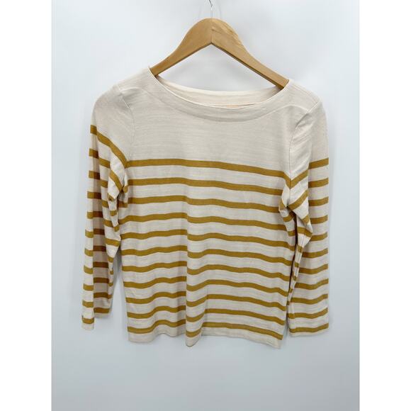 LOFT Tops - LOFT Top Women XS Cream Yellow Striped Boat Neck Long Sleeve 100% Cotton Tee